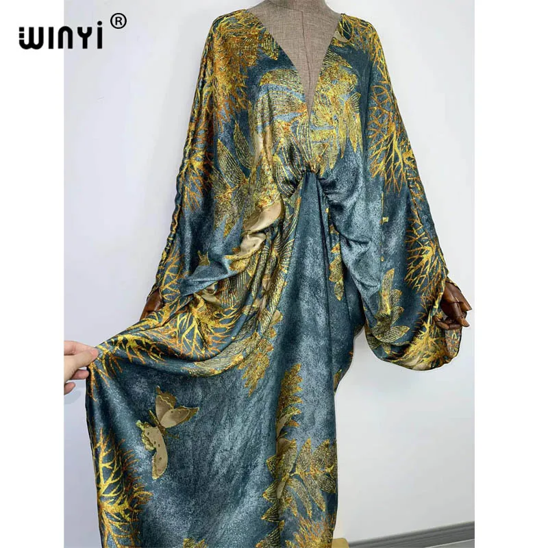 Deep v neck Sexy bech Europe Summer silk feeling Bohemian print 2022 WINYI Maxi women\'s robes long beach V-neck Bohemian dress