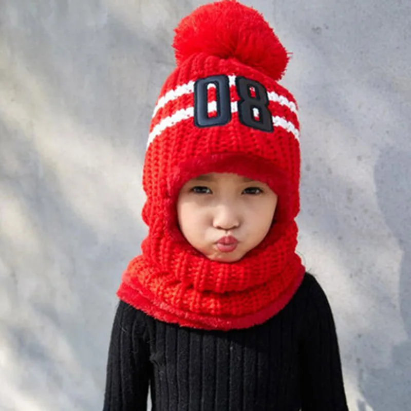 RUHAO 2019 Hot Cap parent child super warm Winter balaclava wool Beanies Knitted Hat and scarf for 4-12 years old girl boy hats