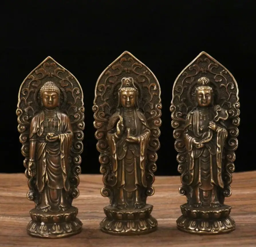 Archaize brass Three Saints Buddha consecrate Buddha decoration crafts statue A set