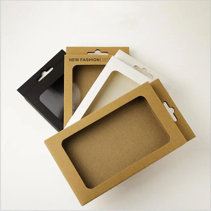 

50pcs Phone Case Packaging Box Kraft Paper Phone Box Black Window Package Cardboard Boxes White Gift Box With Hang Hole