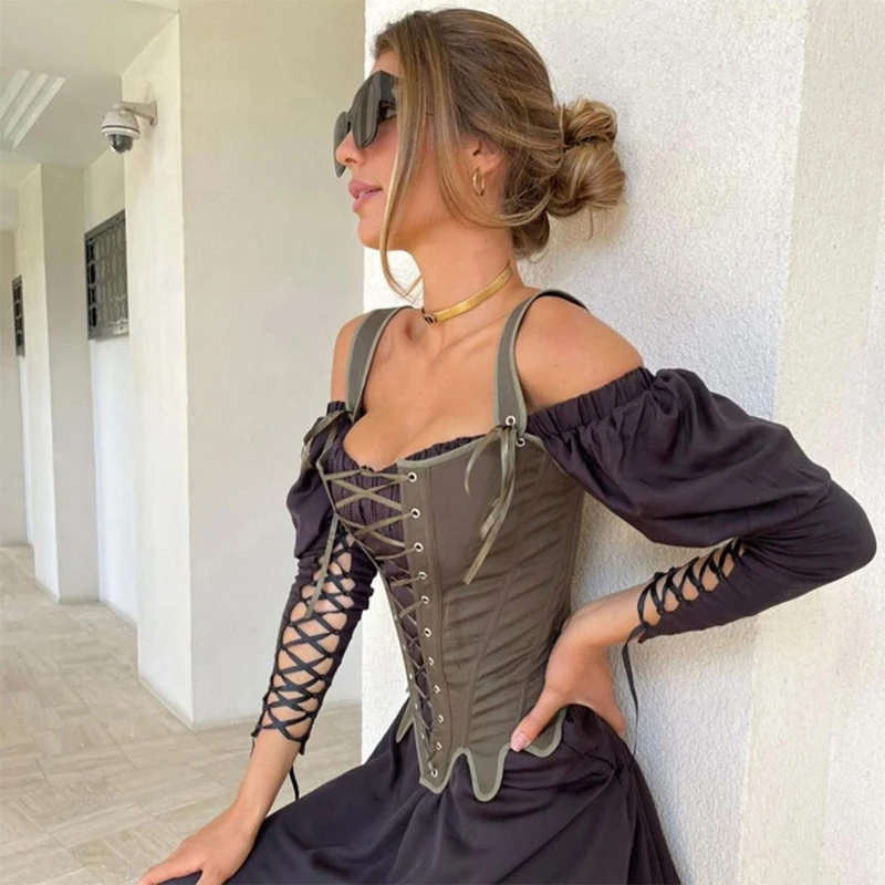 F3MD Sexy de verano Camiseta tipo Bustier Slim Tops sin mangas Vintage corte cintura corsé Top encaje de vendaje para las mujeres