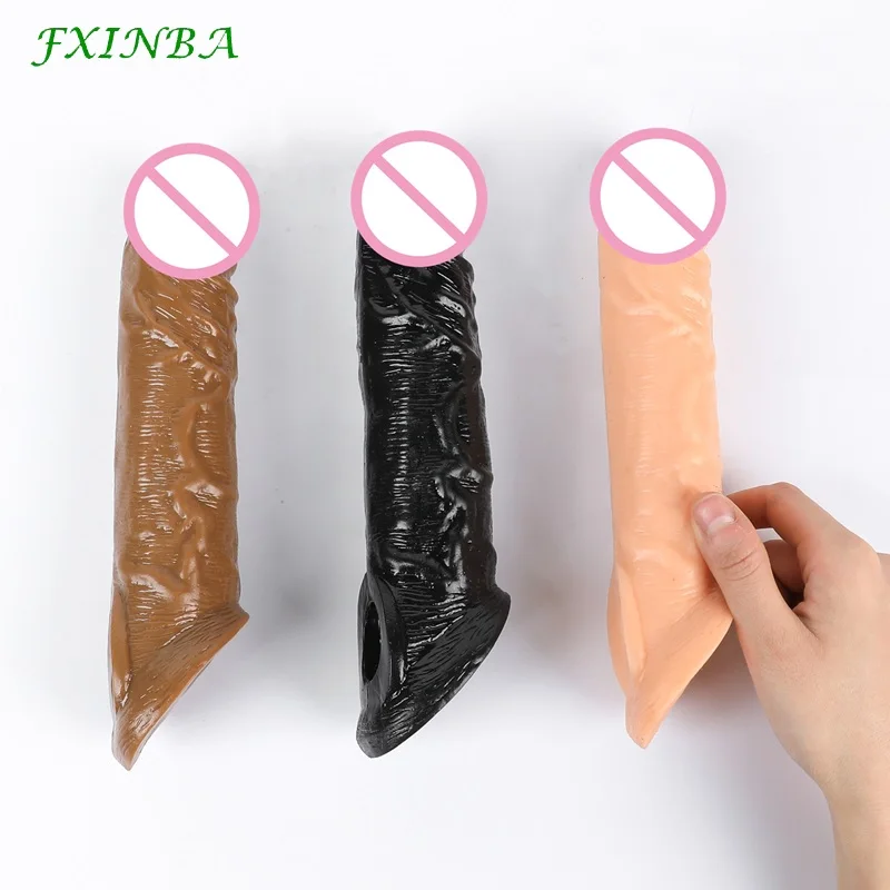 FXINBA 21cm Realistic Penis Sleeve Extender Large Reusable Penis Condom Delay Silicone Extension Sex Toy for Men Cock Enlarger