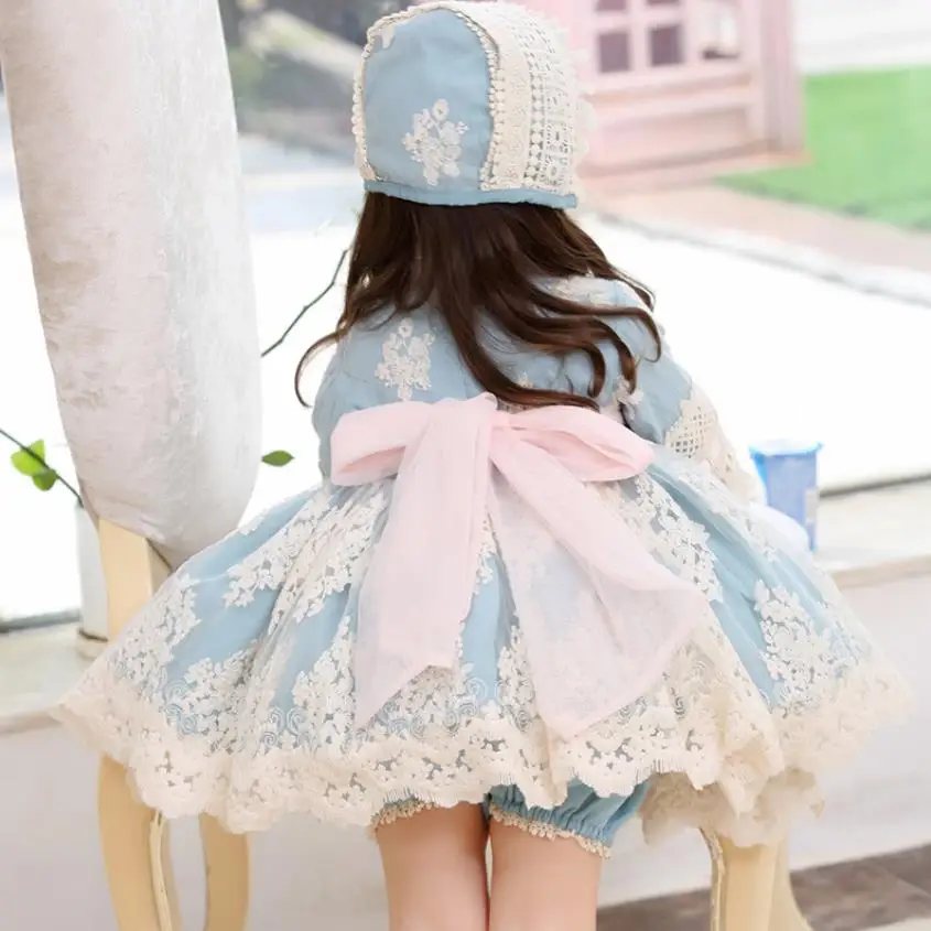 3PCS Autumn New Spanish Lolita Princess Dress Lace Stitching Sweet Cute Dresses For Girl 12M-6T Y3238