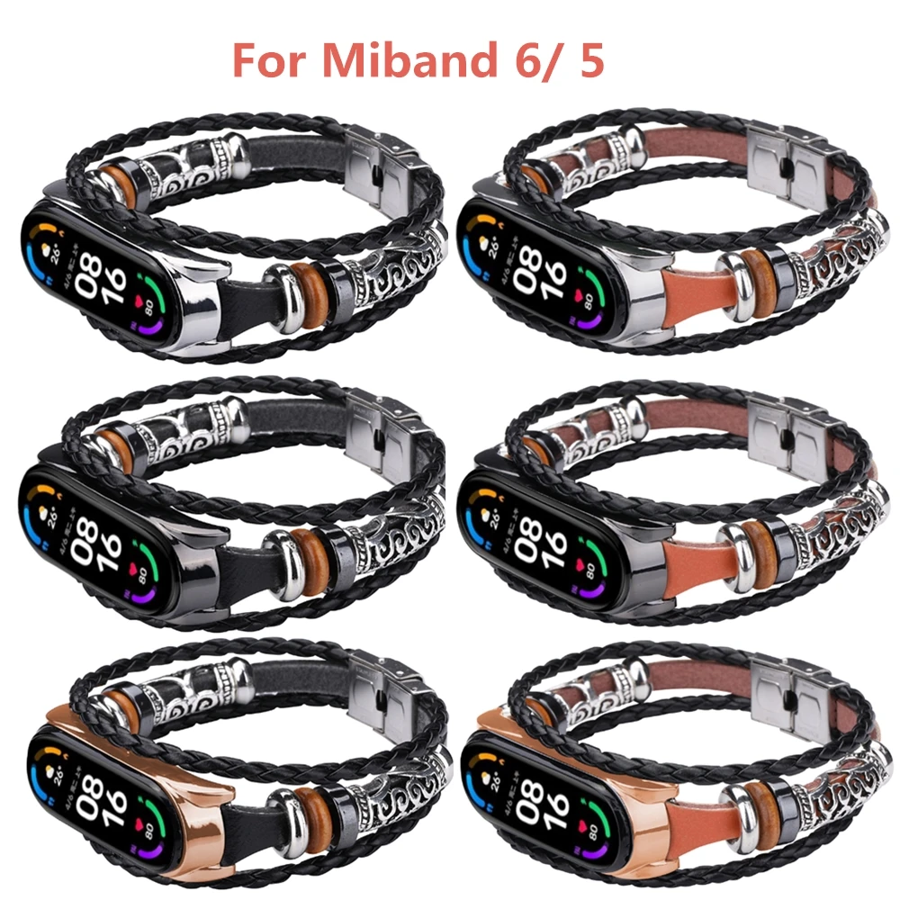 Leather Strap For Xiaomi Mi Band 6 5 Bracelet Wristband For MIband 7 Mi Band 5 Smart Watchband Ethnic Beaded Retro+Metal Case