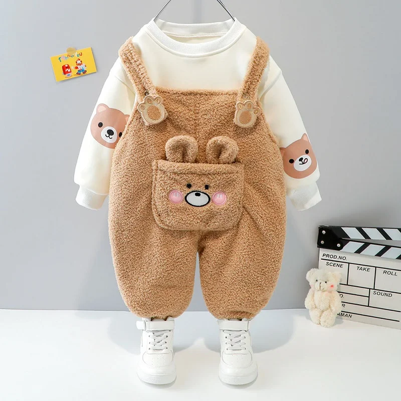 2023 new children\'s cartoon rabbit ear set boys and girls Plush suspender pants two-piece Baby Sweater sportswear