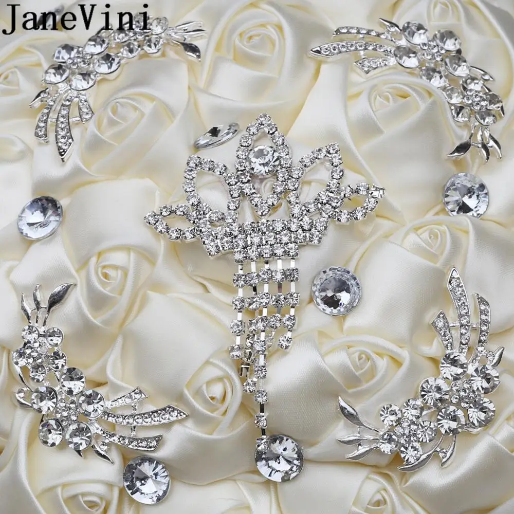 JaneVini 30 ซม.Rhinestone เจ้าสาว Bouquet Bouquet Ivory Handmade คริสตัลงานแต่งงาน Boeket ช่อซาติน Rose wesele