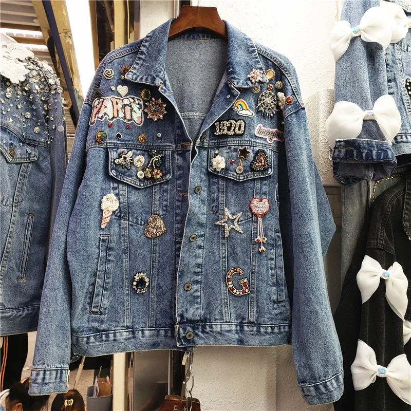 Hip Hop Streetwear All-matching Fashion Beaded Diamonds Denim Jacket Women's  Autumn Loose Three Dimensional Decoration Coat