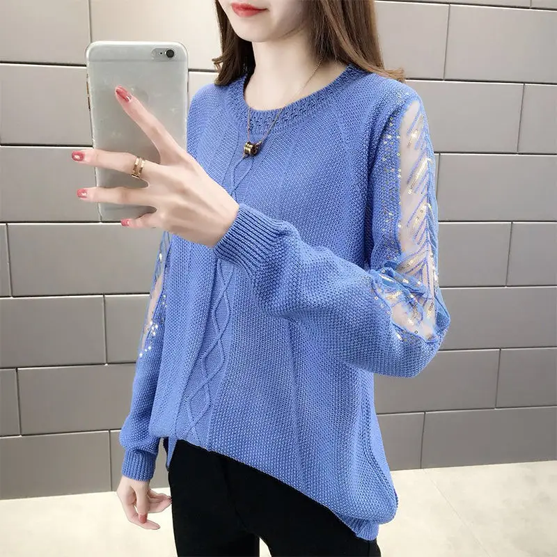 

New Women's Spring Autumn Lace Stitching Long Sleeve T-shirts Knitted Bottoming Shirts Sweater 4XL