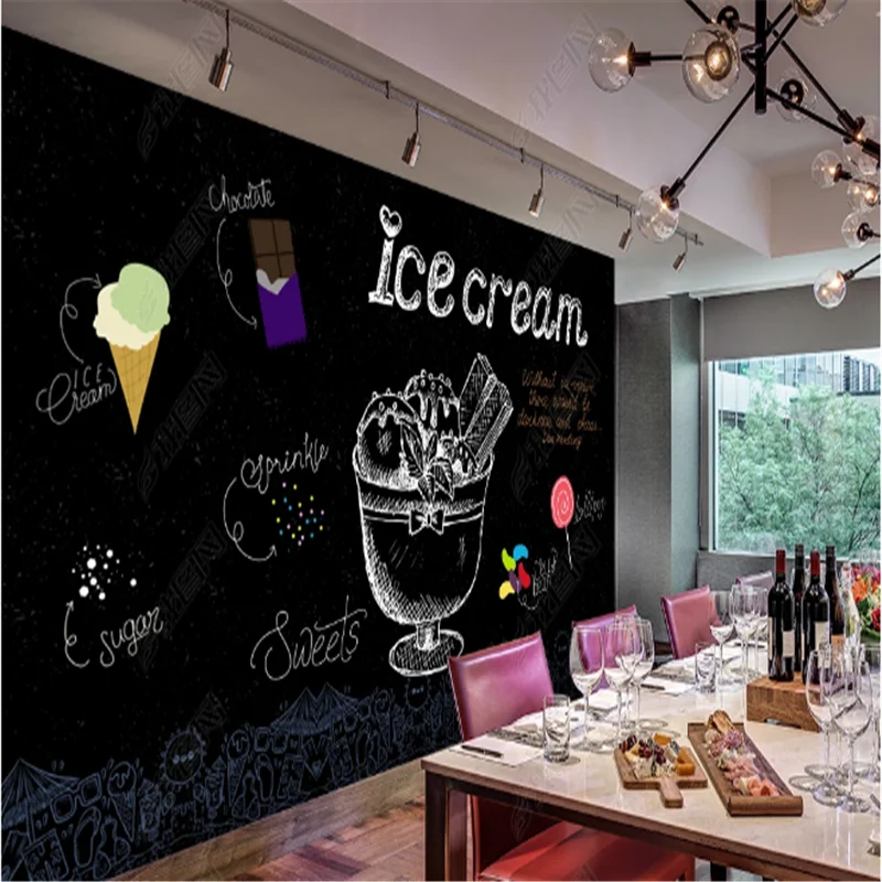 Blackboard Hand Drawn Ice Cream Mural Wallpapers Industrial Decoration Gourmet Dessert Shop Background Wall Paper Home Decor