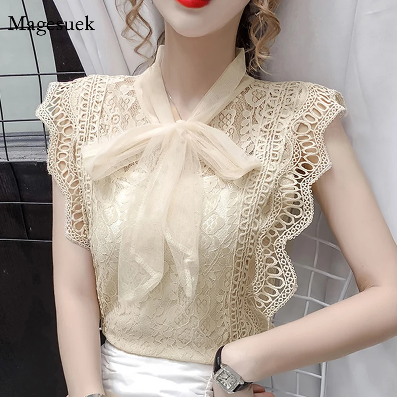 Korean Sleeveless Summer Tops and Blouses Solid Hollow Out Shirt Fashion Vintage 2023 Womens Lace Patchwork Clothing Blusas 9811