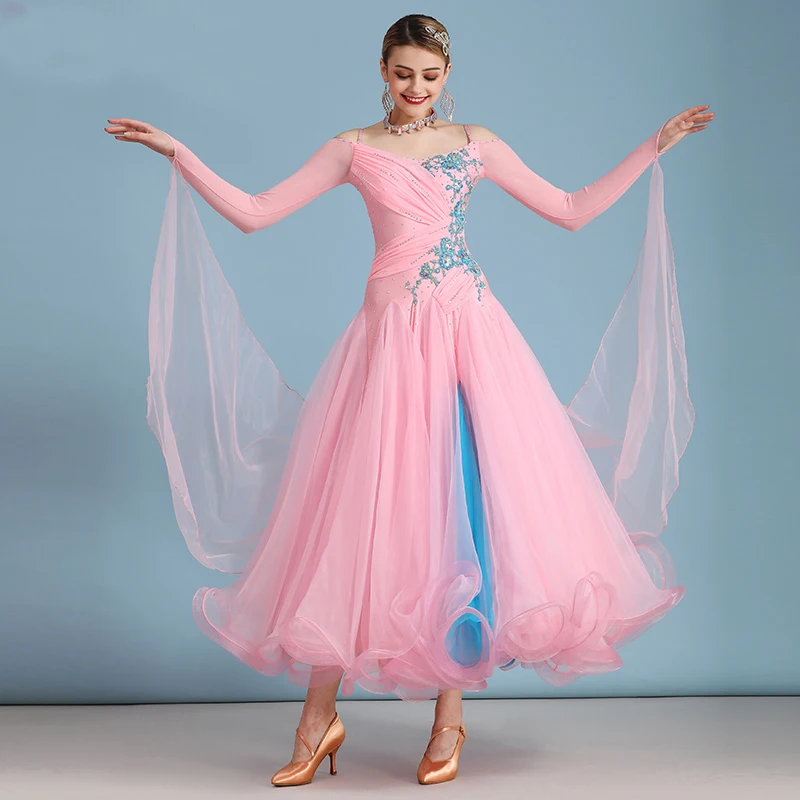 Standard Ballroom Dance Dresses High Quality Pink Long Sleeve Flamenco Dancing Skirt Women Cheap Stage Waltz Ballroom Dress