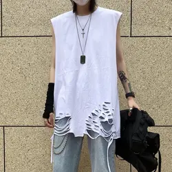 Korean original Summer Street Style Men's white vest Plus Size Top Women's hip hop round neck sleeveless T-shirt torn