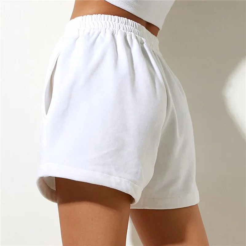 Women Loose Style Shorts, Solid Color Elastic High Waist Sweatpants with Pockets, Black/ White/ Beige/ Brown