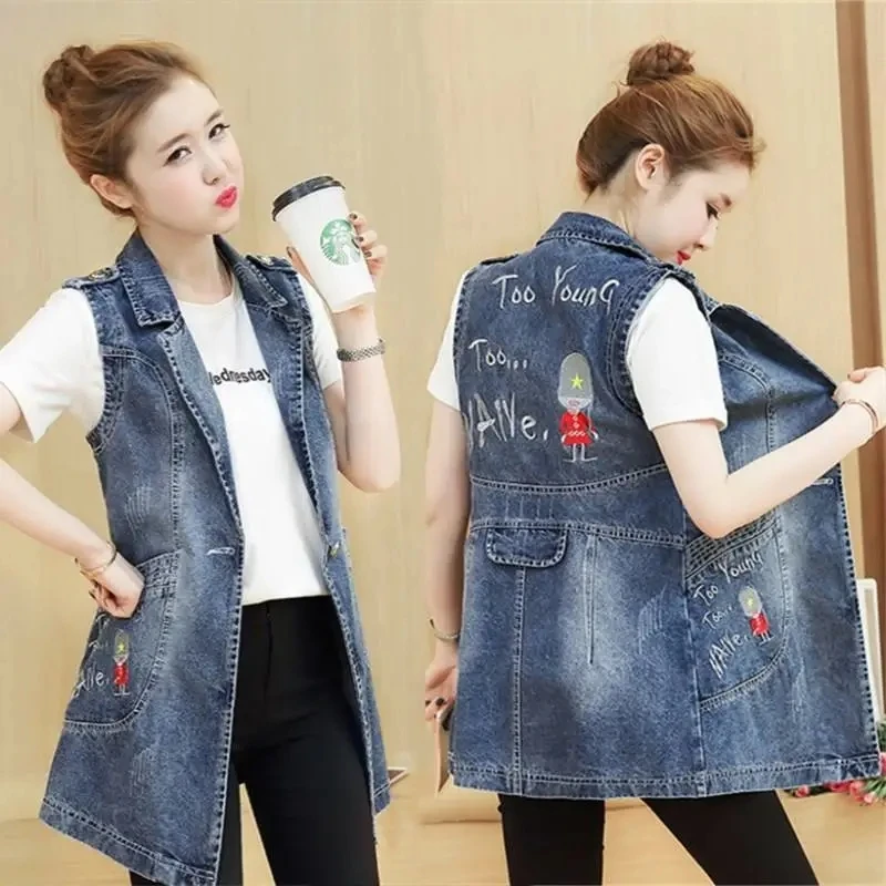 

Fashion Female Denim Vest Jacket 2024 Spring Autumn New Embroidery Middle Length Payment Sleeveless Loose Ladies Vest Jacket