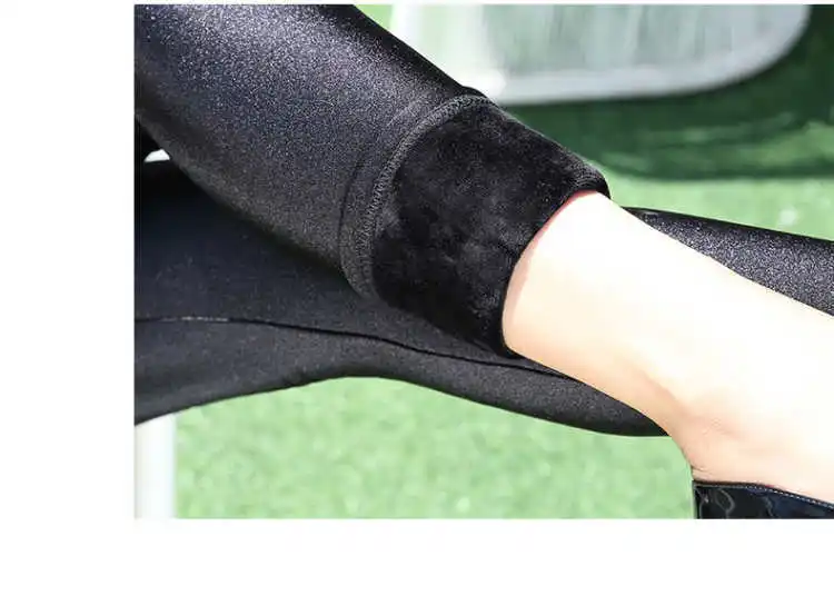 Herbst Winter Dicke Leggings Fashion Solid Dünne Hosen Dame Fleece Warme Leggings Casual Schwarz Glänzende Hohe Taille Leggings – Detail 6