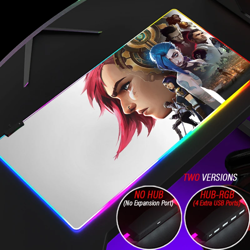 League of Legends-alfombrilla de ratón para juegos, tapete personalizado RGB, Arcane LOL, Jinx Vi Caitlyn, 4 puertos USB, con retroiluminación LED