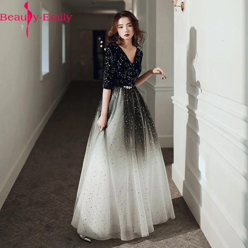 Fashion Evening Dresses Long Simple A-Line V Neck Half Sleeve Tulle Elegant Formal Party Dresses with Sashes Real Photo