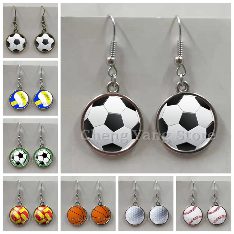 Anting Bola Bisbol Kasual Sporty Kaca Cembung Bulat Bola Voli Gambar Sepak Bola Anting Logam Hadiah Ulang Tahun