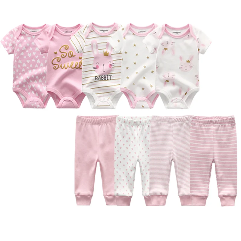 

Summer Newborn Short Sleeve 5pcs Bunny Baby bodysuits+4pcs Unisex Baby pants Cotton 0-12M toddler Clothes Set Roupas de bebe