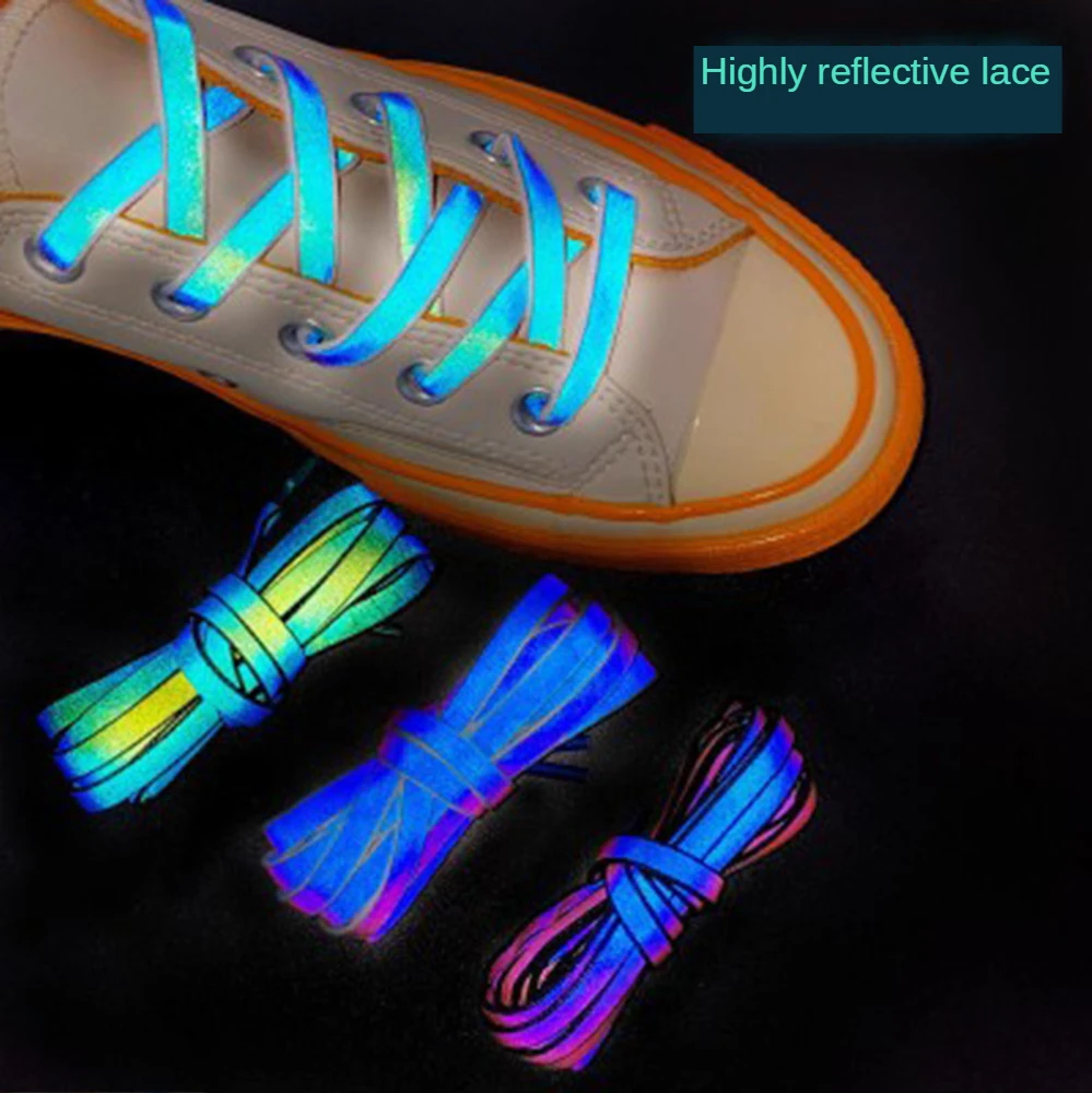 1 Pair 120cm 140cm 160cm Flat Laces Reflective Shoelaces Running Shoes Lace Safety Luminous Glowing Shoelaces for Women Men 2024