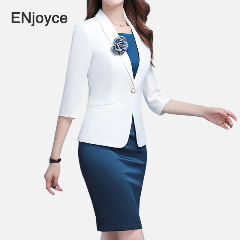 ENjoyce Slim Blazer and Blue Dress women 2 piece Set Outfit Office Lady Workwear White Business Uniform Suits Spring Summer