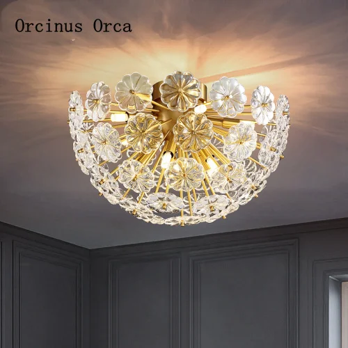 American gold all copper decorative ceiling lamp living room bedroom corridor luxurious romantic flower crystal ceiling lamp