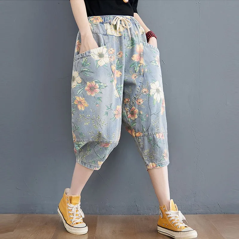 Imagem -03 - Calça Jeans Feminina Folgada Peça Calça Feminina Cigarrete Folgada Estampa Floral Vintage de Cintura Alta na Moda 2023 S3698