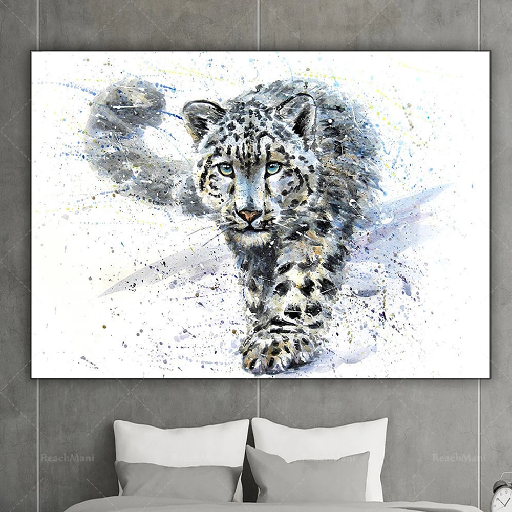 Snow leopard watercolor artwork, animal leopard painting watercolor art canvas home decoration poster