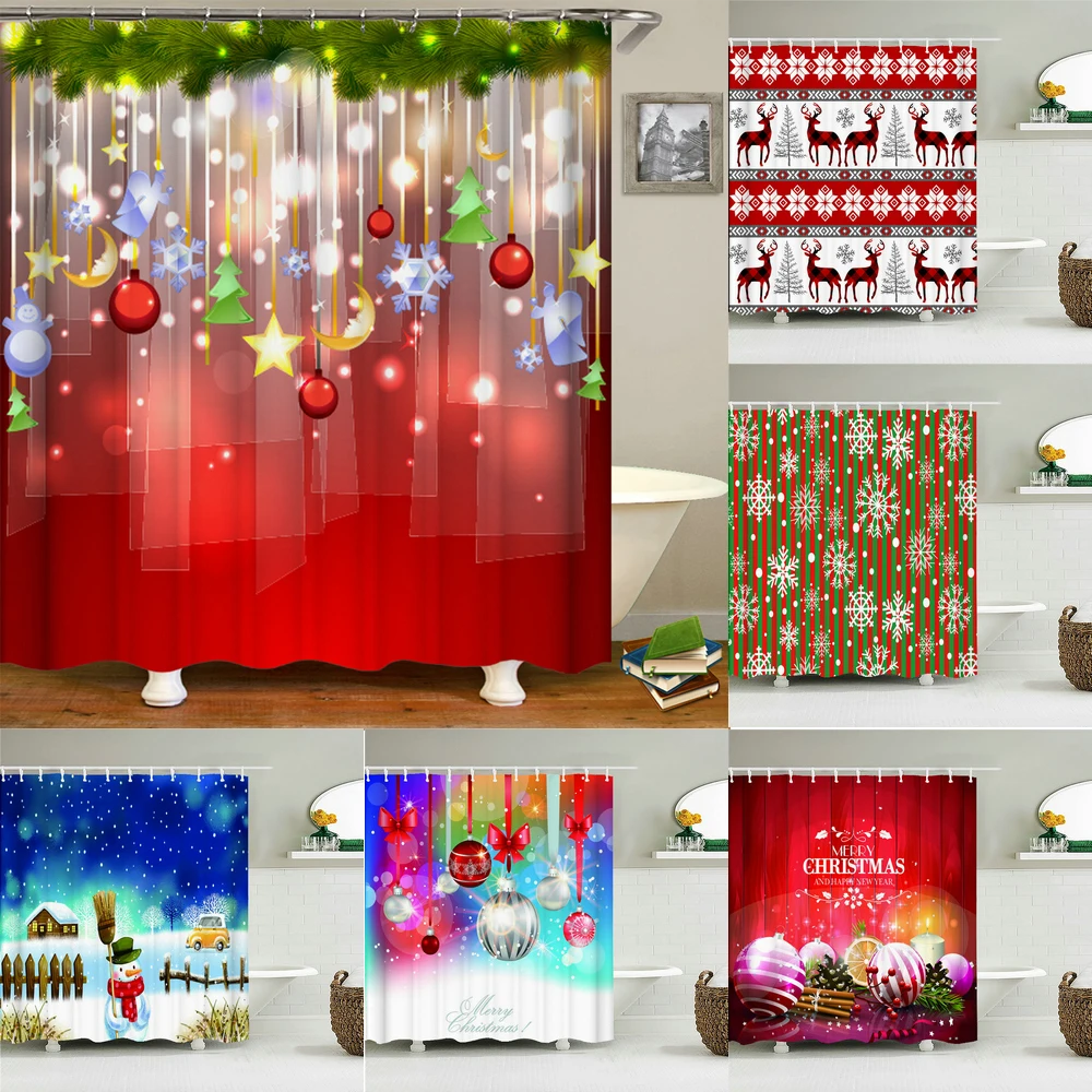

Christmas Waterproof Bathroom Curtains New year Snowflakes Shower Curtain 3D Printing Fabric Decor Cartoon Santa Bath Screen