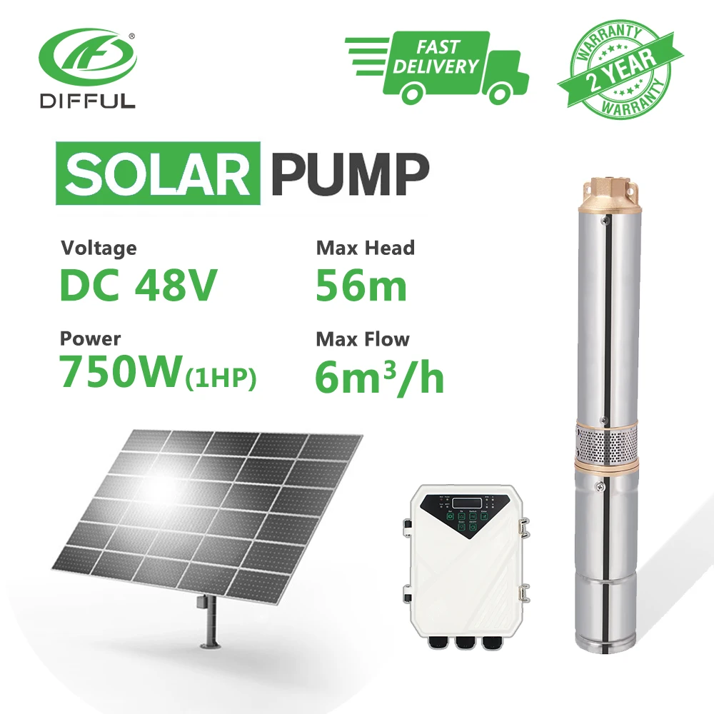 

4" DC Solar Water Pump Submersible Deep Well 48V 750W 1HP Stainless Steel MPPT Controller Plastic Impeller (Head 56m, Flow 6T/H)