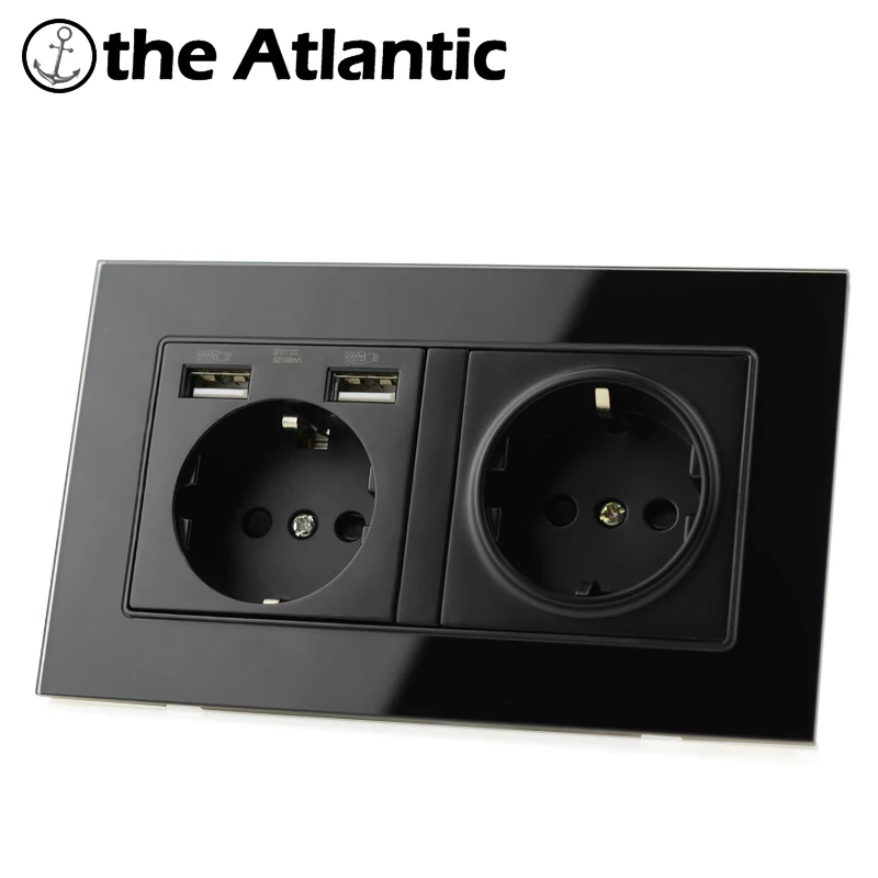 EU DE Atlectric Russia Spain Power Wall Socket Dual USB Charging Port LED Indicator Tempered Black Glass Frame 16A 146 Type