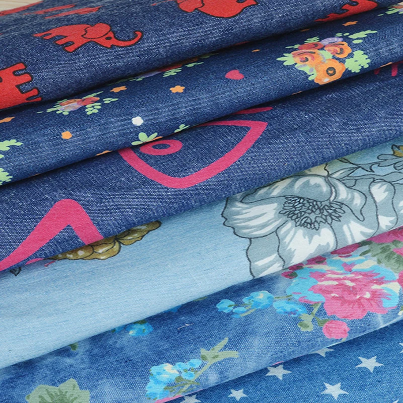 Summer Thin Non Elastic Blended Printed Denim Fabric for Quilting Sewing Clothes Skirt per Half Meter