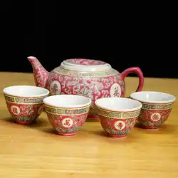 Traditional Chinese Jingdezhen Ceramic Tea set Porcelain Teapot Red Tea Pot Drinkware Longevity Cups