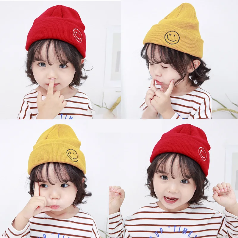 

H7422 Children Woolen Beanies Cap Girls Smiling Faces Embroidered Hat Spring Autumn Knitted Caps Winter Warm Ear Protection Hats