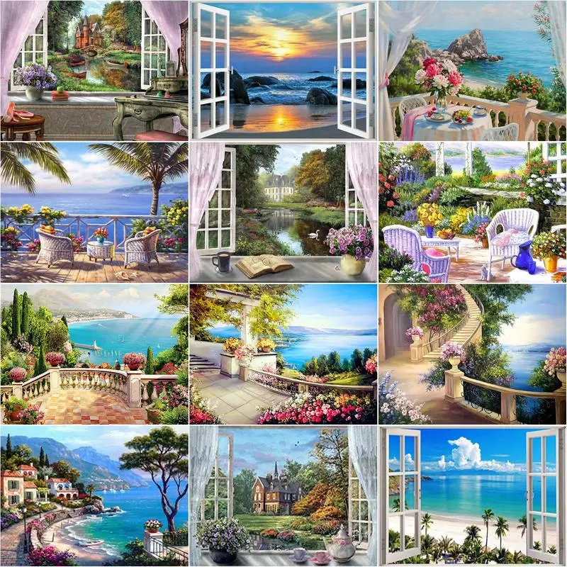 

RUOPOTY 5D DIY Diamond Painting Full Square Landscape Window Diamond Embroidery Cross Stitch Sea Mosaic Kit Home Decor