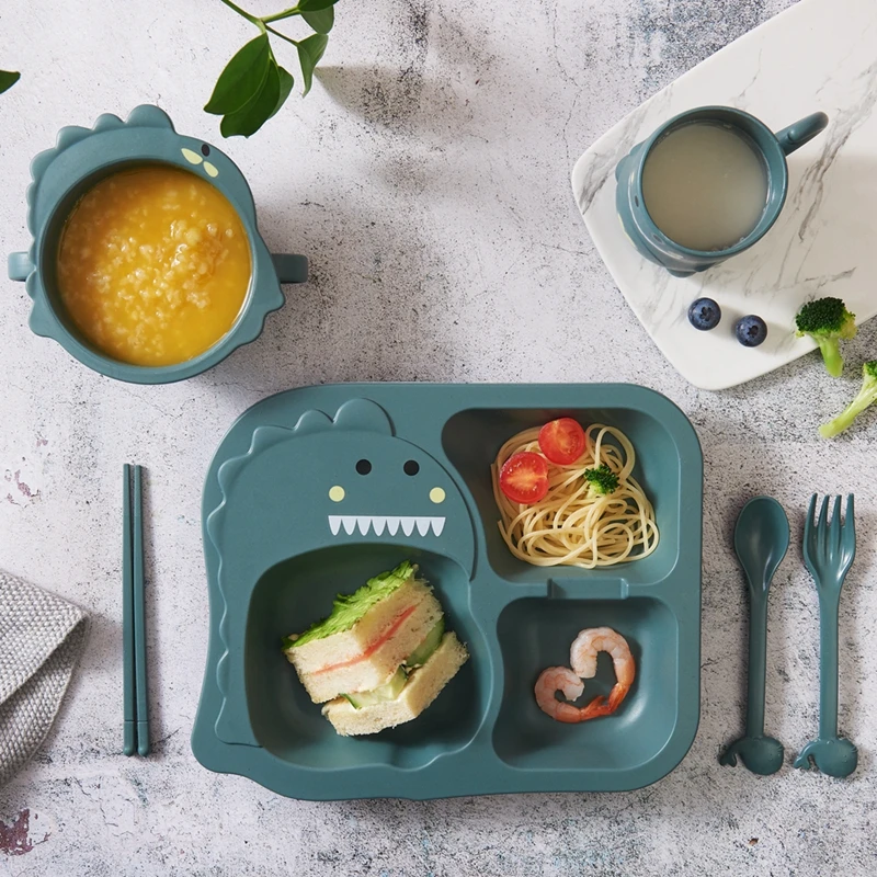 Baby Dinosaur Tableware 6PCS Kids Dinner Plate Natural Bamboo Fiber Bowl With Cup Spoon Plate Fork Drop-resistant Feeding Dishes image 2