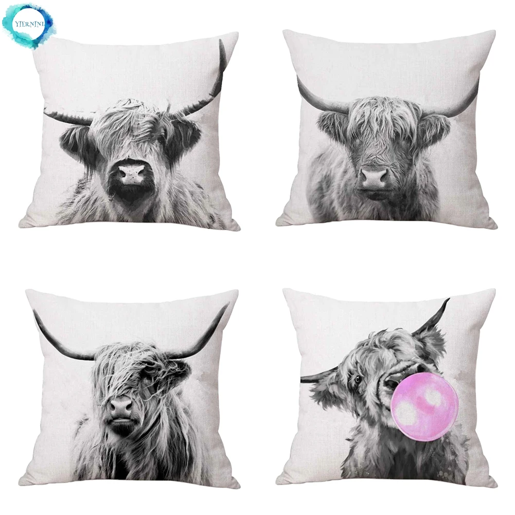 Highland Cow Cattle Cotton Linen Pillow Cushion Cover Pillow Case Home Sofa Throw Pillow Cover Bed Car Decor 45X45CM