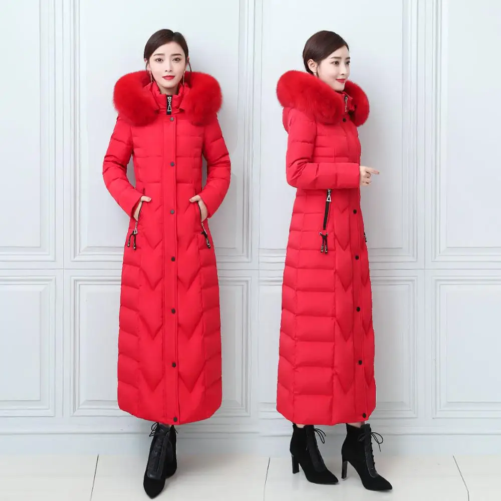 

4XL fashion 125cm X-long real fox fur down coat female thicker warm Down Jacket big real fox fur collar hooded Parkas F2212