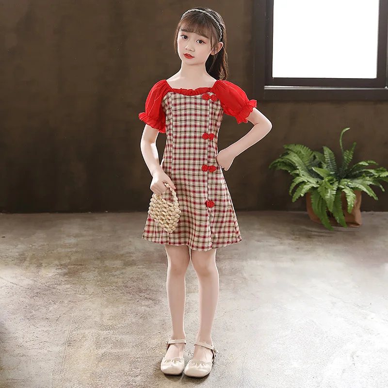 Cute Children Girls Qipao Lattice Splicing Cheongsam Dress Girlsdress Fairy Stage Dancewear New Trend Kids Costumes Cosplay