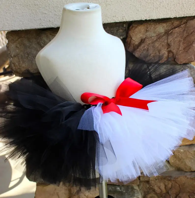 Girls Black White Tutu Skirts Kids Ballet Tulle Pettiskirts Underskirt with Ribbon Bow Children Halloween Party Costume Skirts