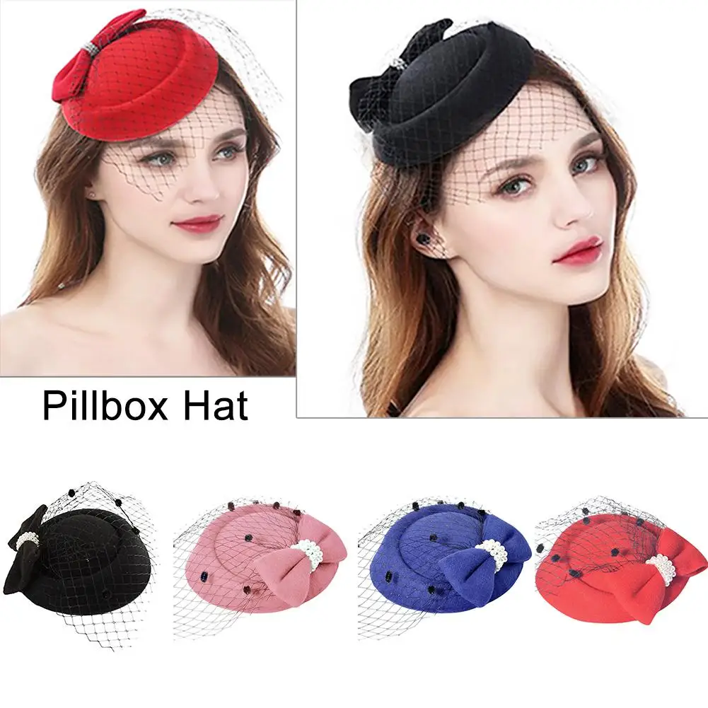 Women Pillbox Hat Trendy Bow Fascinator Hat Headwear With Veils For Wedding Party Church Cocktail Party Hat Hair Accessory