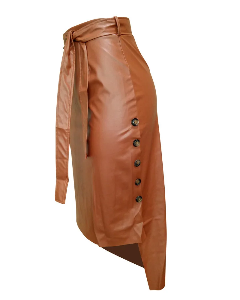 Women Trendy PU Leather Midi Skirt Solid Color High Waist Lace-up Side Button Slim Skinny Pencil Skirt for Ladies Streetwear