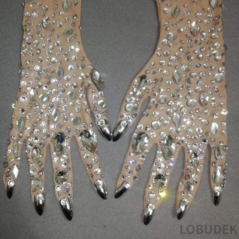 Guanti bianchi trasparenti elasticizzati con strass argento Bar Cantante Ornamento Cristalli Pietre Guanti lunghi Accessori per palcoscenici per