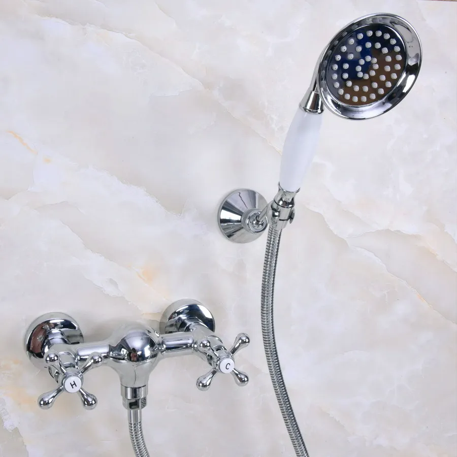 

Polished Chrome Brass Wall Mounted Bathtub Faucet with Handheld Shower Set +150CM Hose Mixer Tap 2na280
