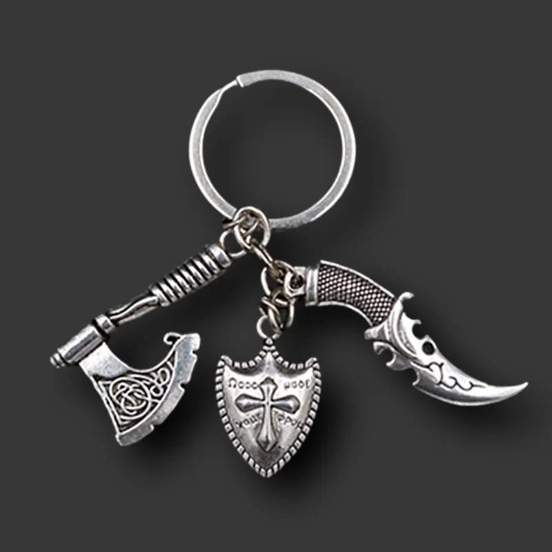 1pcs Silver Plated Metal Saber Tomahawk Keychain Military Shield Keychain Creative Handmade Keychain A1526