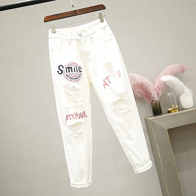 2024 Spring Autumn New White Jeans Women's Nine-minute Pants Slim Hallen Pants Sequins Bronzed Hole Denim Trousers Students