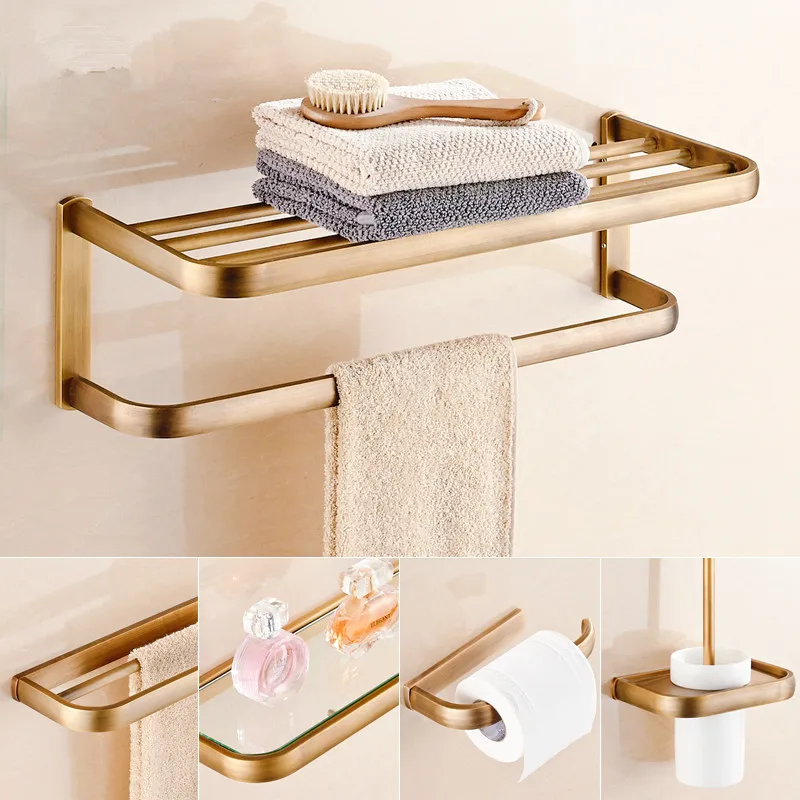 Bathroom Accessories Set Antique Brass Corner Shelf Hook Paper Tissue Holder Soap Basket Towel Rack Toilet Brush Bath Hardware