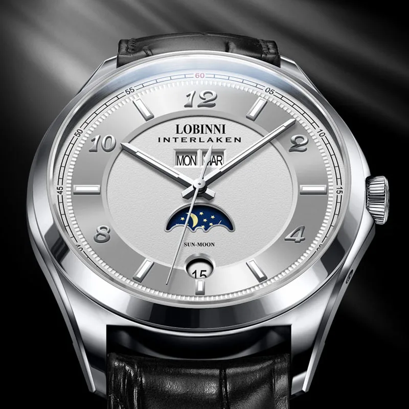 LOBINNI الأعمال الميكانيكية ساعة رجالي موضة التلقائي رجل الساعات جلد طبيعي تاريخ الأسبوع القمر المرحلة عرض ساعة الذكور