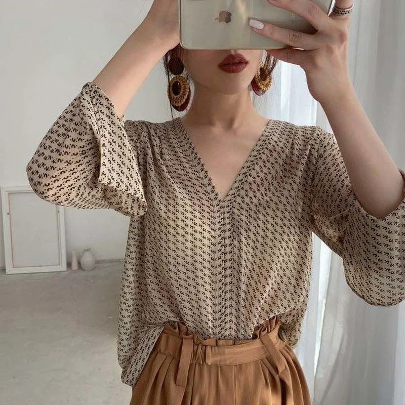 Frauen Blusen V-ausschnitt Druck Lange Hülse Lose Shirts Sonnenschutz Büro Dame Sanfte Elegant Chiffon Tops Faul Blusas Weibliche