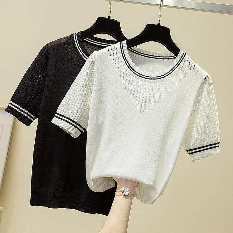 2021 Summer New Fashion Korean O neck Hollow top Slim Pullover  Knitted T shirt Women Short Sleeved Thin Women T-shirt Tee Shirt